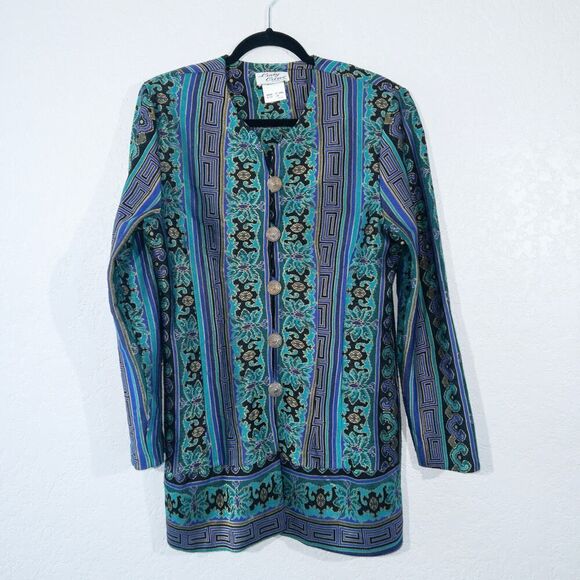 Vintage Lady‎ Carol Blue & Green Art Deco Long Button Up Blazer Size 12 - Picture 1 of 7